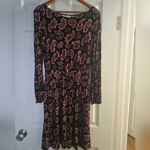 Boden Black Long-Sleeve Dress with Pink Paisley and Gold Accents